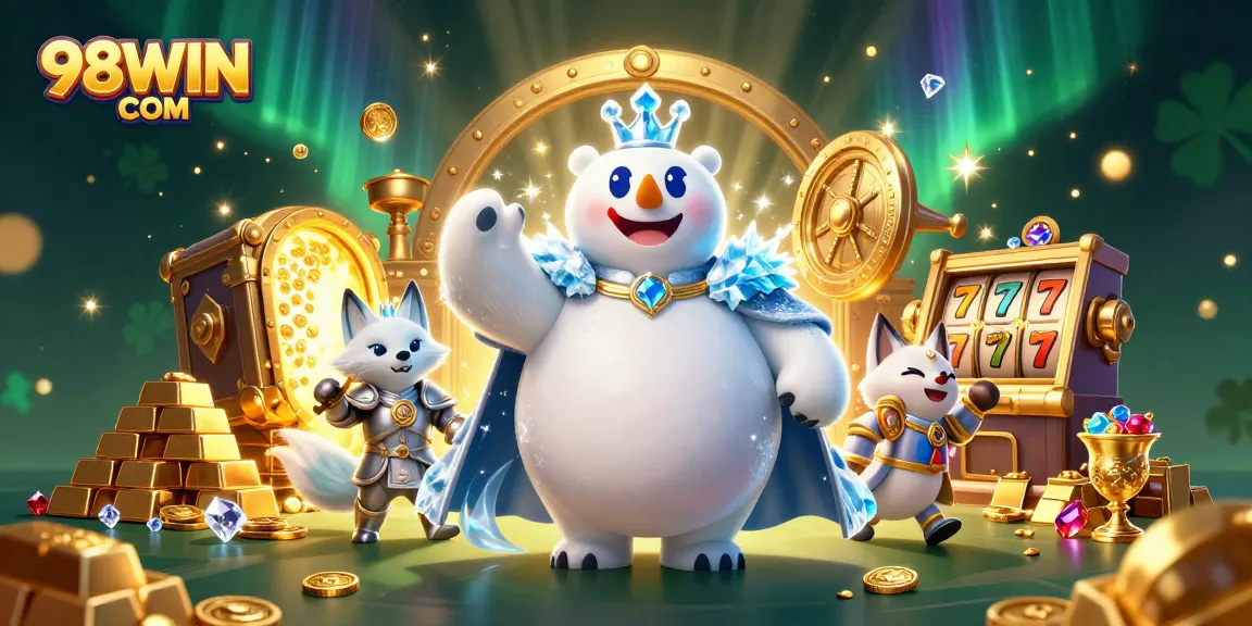 Experience winning with 98WIN COM as the ice king and snow fox find treasure amidst slot games riches.