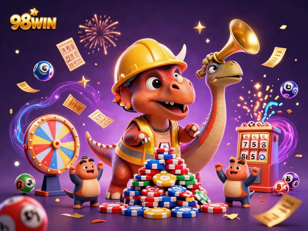 Join the fun with 98WIN as a triceratops builds poker chip pyramids while lottery balls bounce around!
