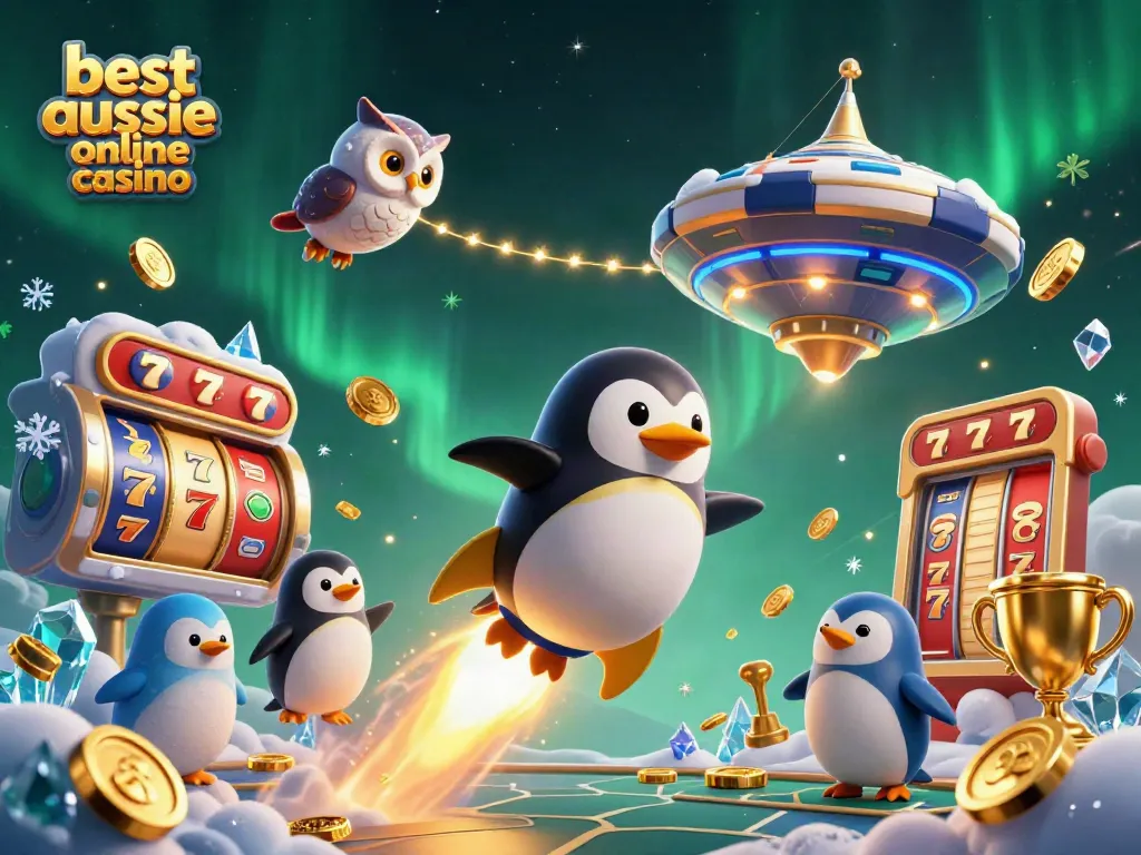 This vibrant 3D illustration depicts the best aussie online casino experience with a golden penguin and captivating elements like poker chips and slot reels.