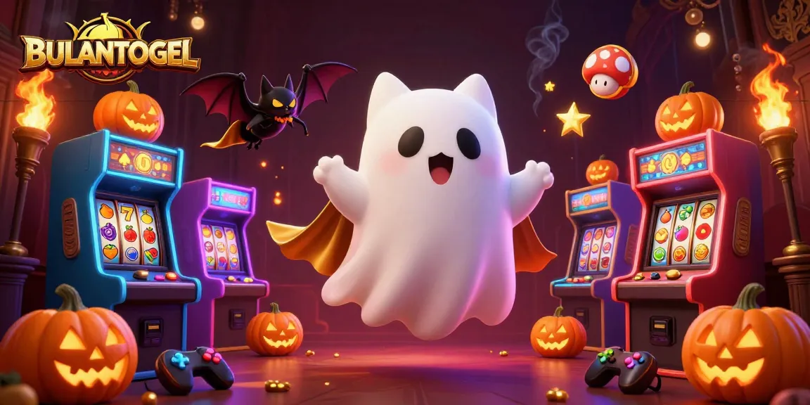 BULANTOGEL displays an enchanted haunted casino scene featuring ghost cats and pumpkin decorations.