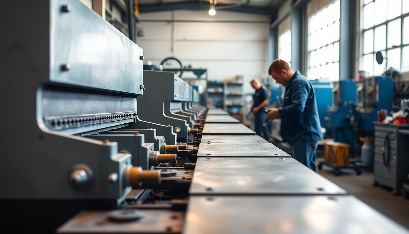 Workers performing custom shearing edmonton with precision in a well-equipped workshop environment.