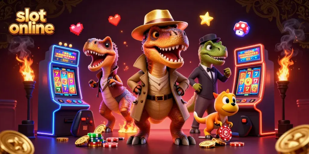Menggandeng slot online dengan karakter unik dalam ilustrasi 3D dari mesin slot dan pencurian chip.