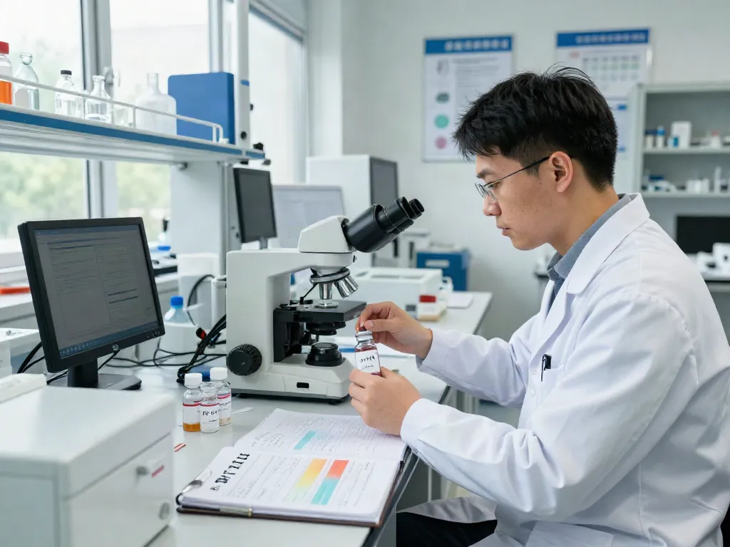 PT-141 peptide research in a modern lab, scientist experimenting with vials and advanced equipment.