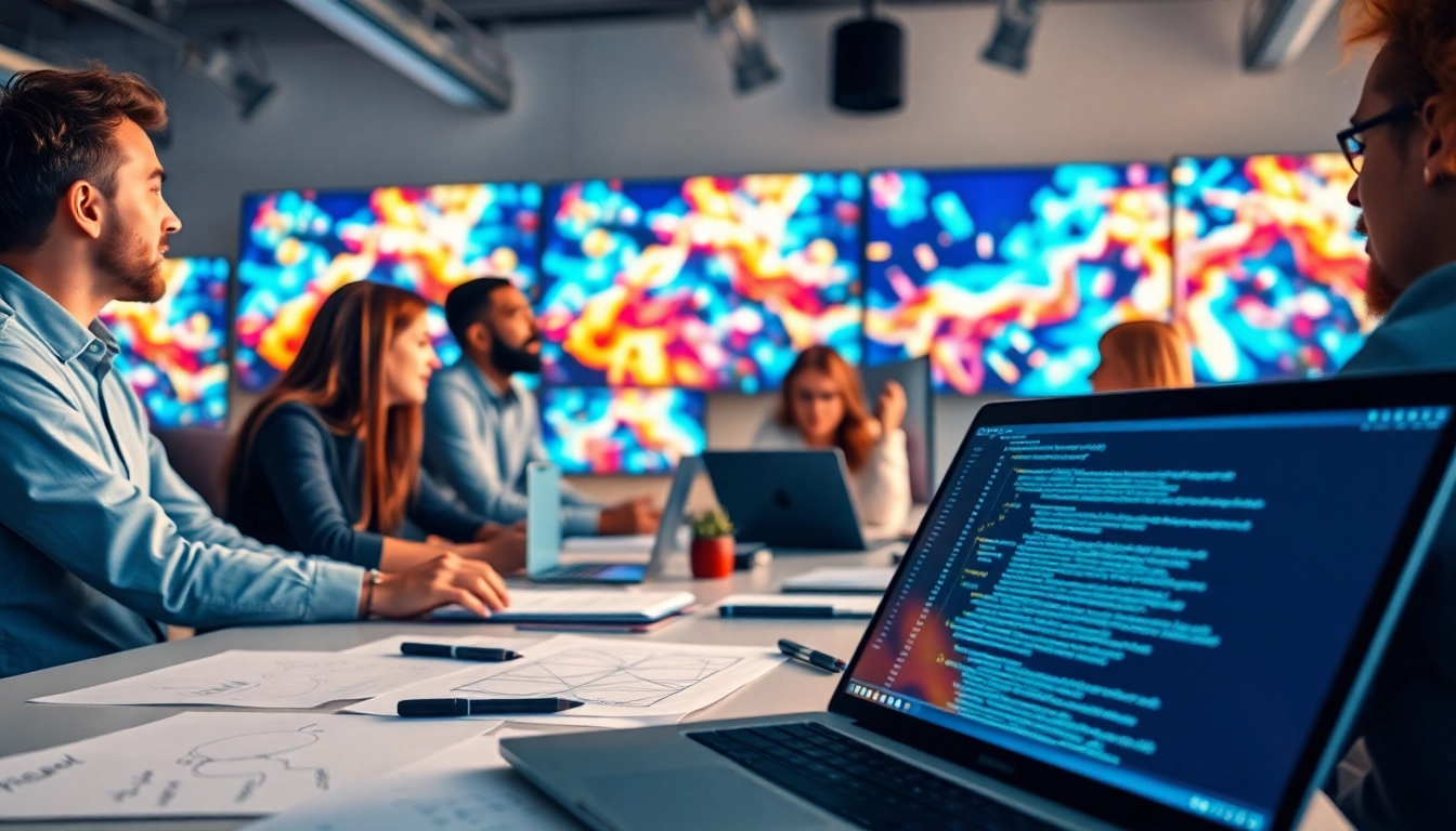 Team brainstorming the midjourney api integration with vibrant AI images on screens.
