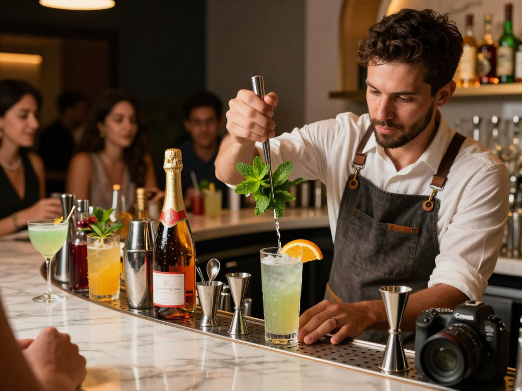 Mixing the best chuflay cocktail near me with fresh mint, citrus garnish, and stylish bar ambiance.