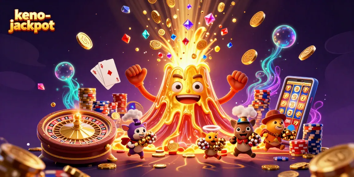 Play keno-jackpot with an exciting 3D cartoon scene of a golden volcano and treasure-filled adventure.