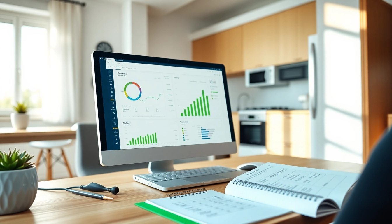 Visualize residential energy calculation in a modern office, showcasing energy analysis tools and efficient appliances.