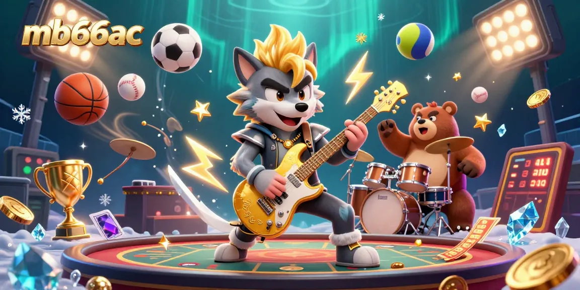 Experience dynamic gaming action at mb66ac with a vibrant 3D illustration of a rock star wolf performing on a casino stage.