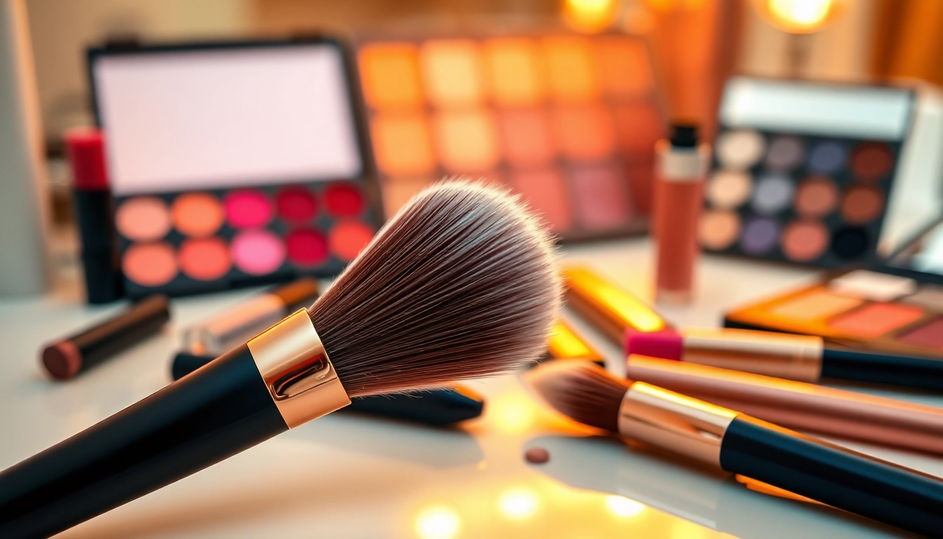 Using an angled makeup brush for precise application on a vibrant tabletop
