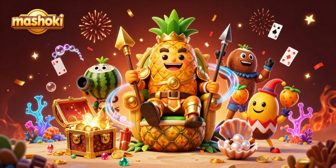 Experience thrilling gameplay with Mashoki's vibrant 3D casino scene featuring a golden pineapple king and boisterous characters.