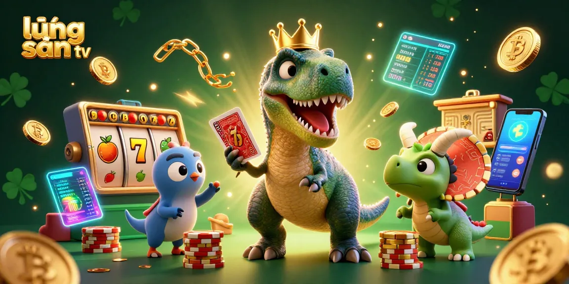 Experience the thrill of lương sơn tv with dinosaur characters and vibrant casino elements in this engaging illustration.