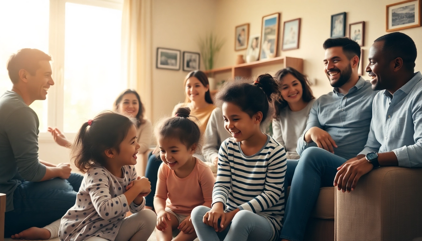 Families connecting through shared moments of joy and support in a warm home setting.
