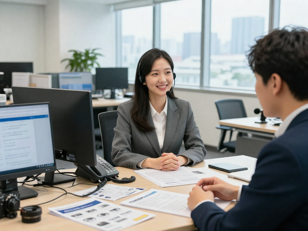 창원OP 서비스 상담 중인 고객과 매니저의 따뜻한 사무실 장면