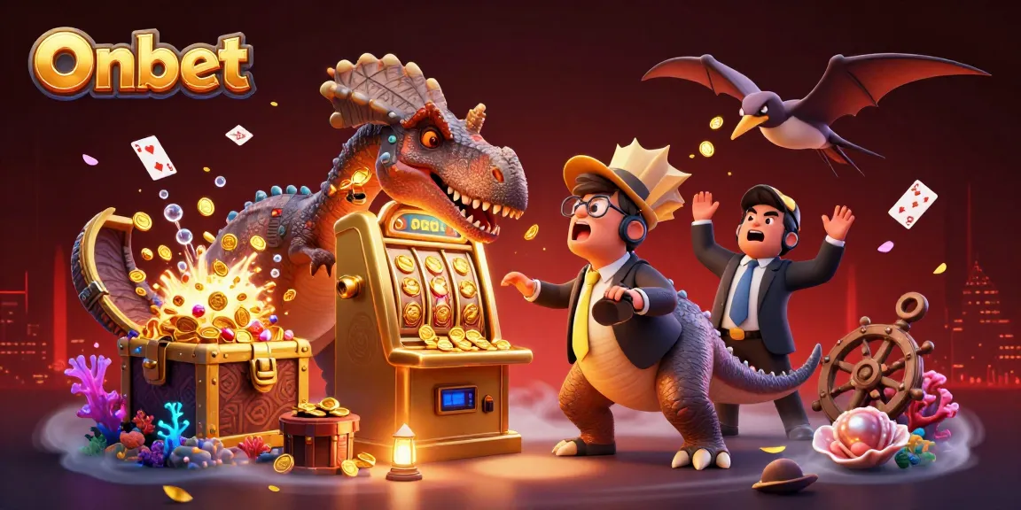 Onbet invites players to an exciting jackpot scene with a dinosaur winning at a slot machine.
