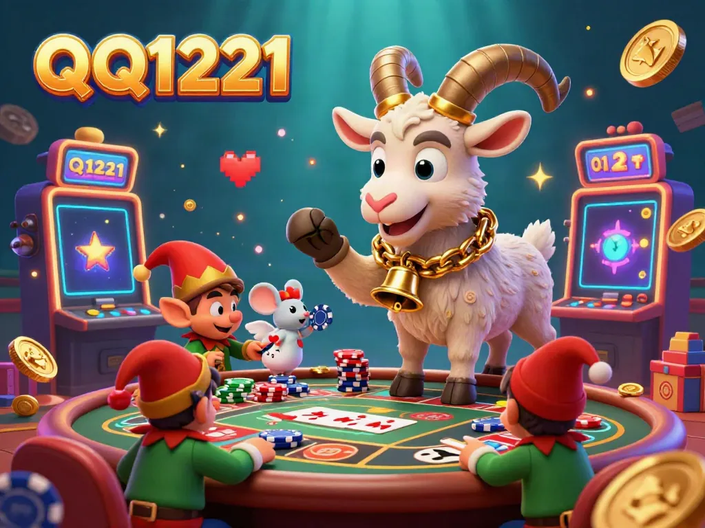 Engage in thrilling QQ1221 gameplay with Krampus managing a vibrant casino scene filled with playful chaos and colorful slot machines.