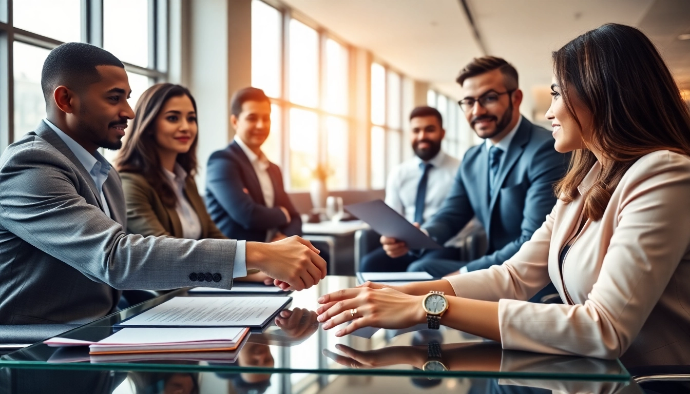 Engaging in escrow services with a diverse team in a professional office setting.