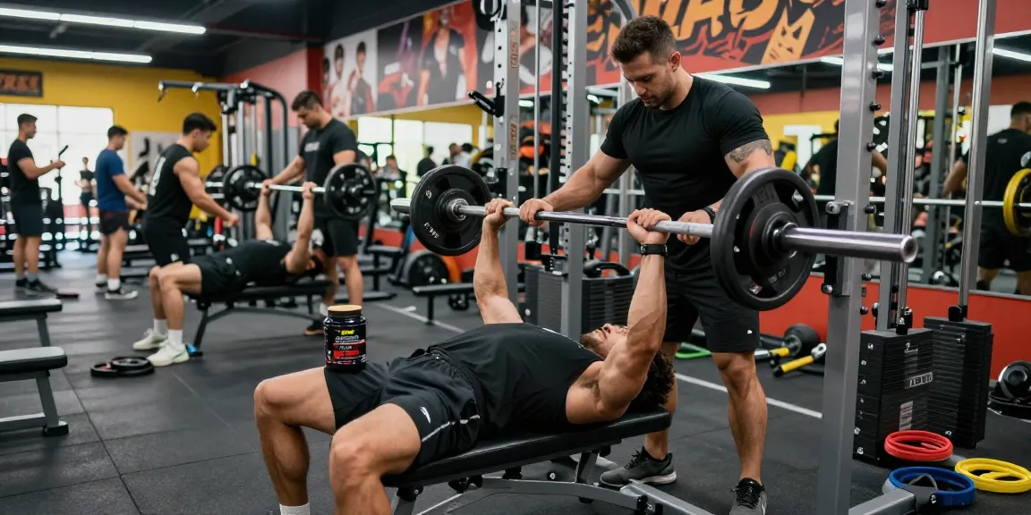 Prime Pharma Steroids visible during intense bench press workout, showcasing commitment to bodybuilding.
