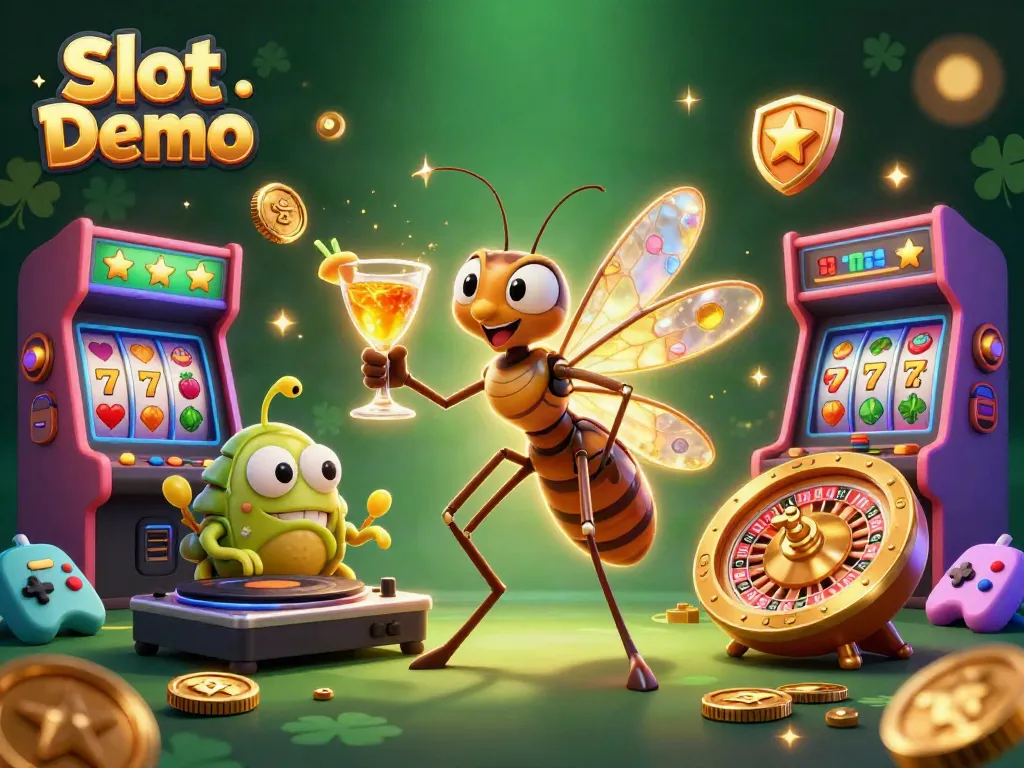 Play exciting Slot Demo with vibrant characters in a dynamic casino scene filled with arcade and slot elements.