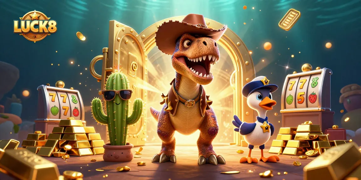 Engage in exciting casino games with LUCK8, featuring a T-Rex in a Western hat surrounded by slot reels and treasure.