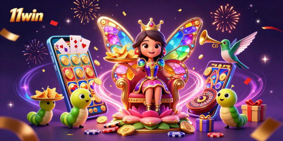 Experience 11win's vibrant casino magic with rich 3D illustration of games and celebration.