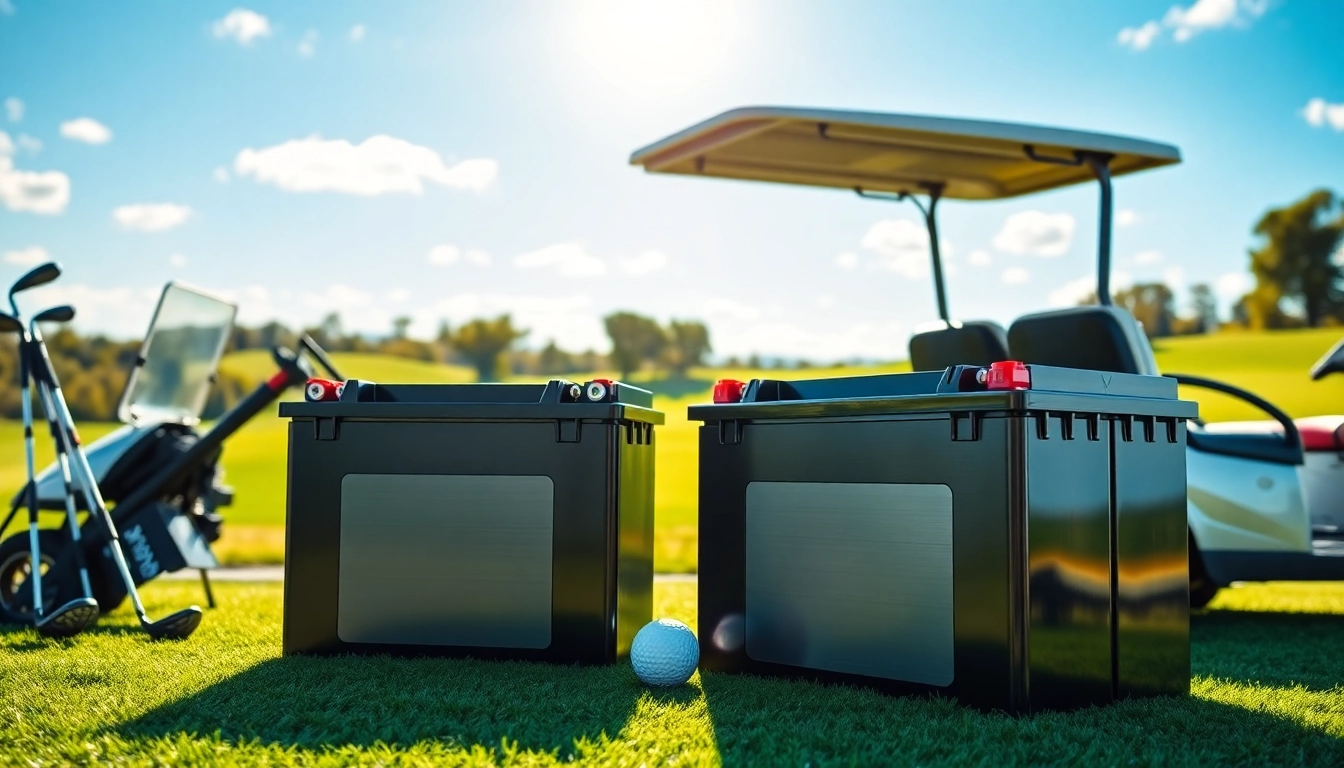 Showcase lithium golf cart batteries powering an energetic golf cart on a sunlit course.