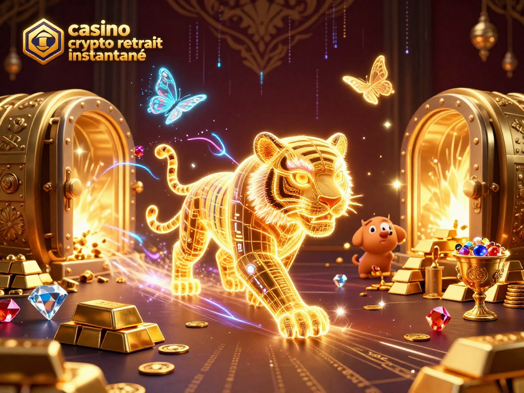 Illustration dynamique de casino crypto retrait instantané avec un tigre doré et des éléments de jeu scintillants.