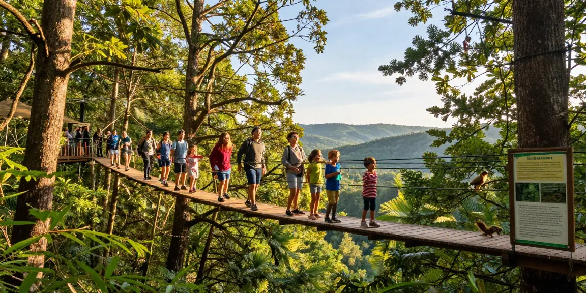 Treetop Walkway experience with visitors enjoying stunning forest views during golden hour.