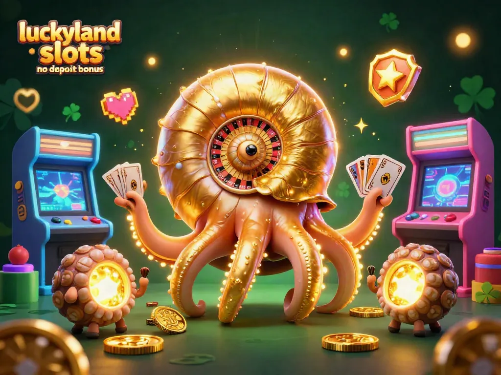 Play with the luckyland slots no deposit bonus, a vibrant scene featuring a glowing nautilus and arcade machines.