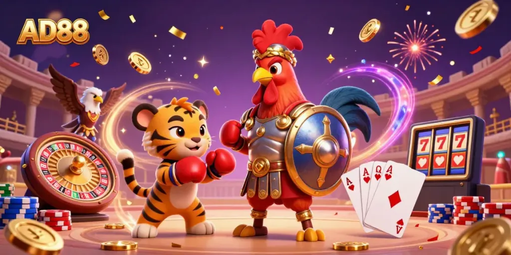 Engage in exciting casino action with AD88's lively gaming scene featuring a gladiator rooster, tiger cub, and eagle.
