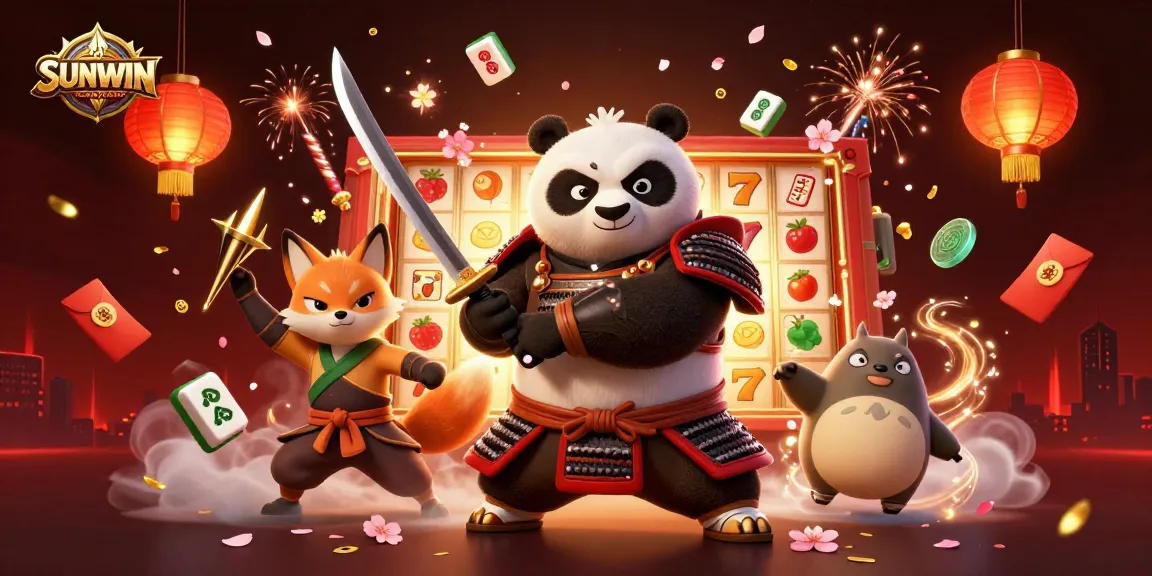 SUNWIN thematic casino illustration showcasing samurai panda, ninja fox, and magical tanuki amidst vibrant slot game visuals.
