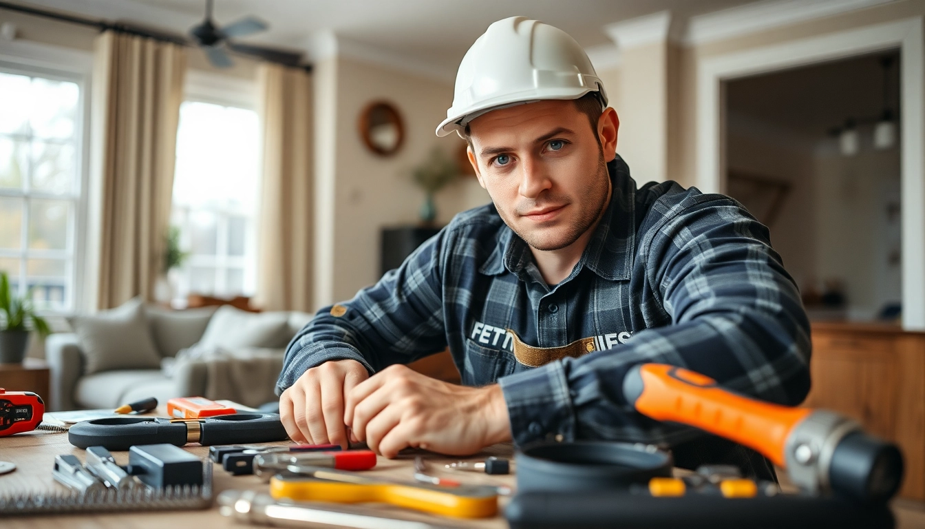 Electrician Buckhead working on electrical installations with tools in a bright home.