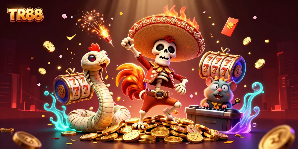 Celebrate wins at TR88 with a vibrant scene of casino characters celebrating a jackpot victory.