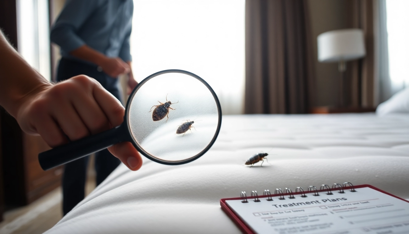 Inspecting bed bug pest control in a hotel environment with a professional expert.