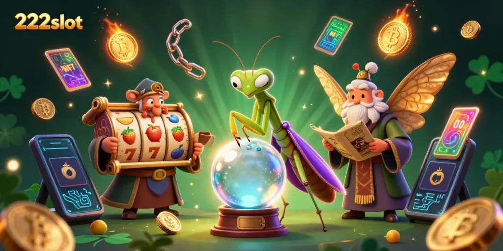 Menangkan hadiah di 222slot yang dikelilingi oleh simbol slot dan petunjuk dari makhluk ajaib.