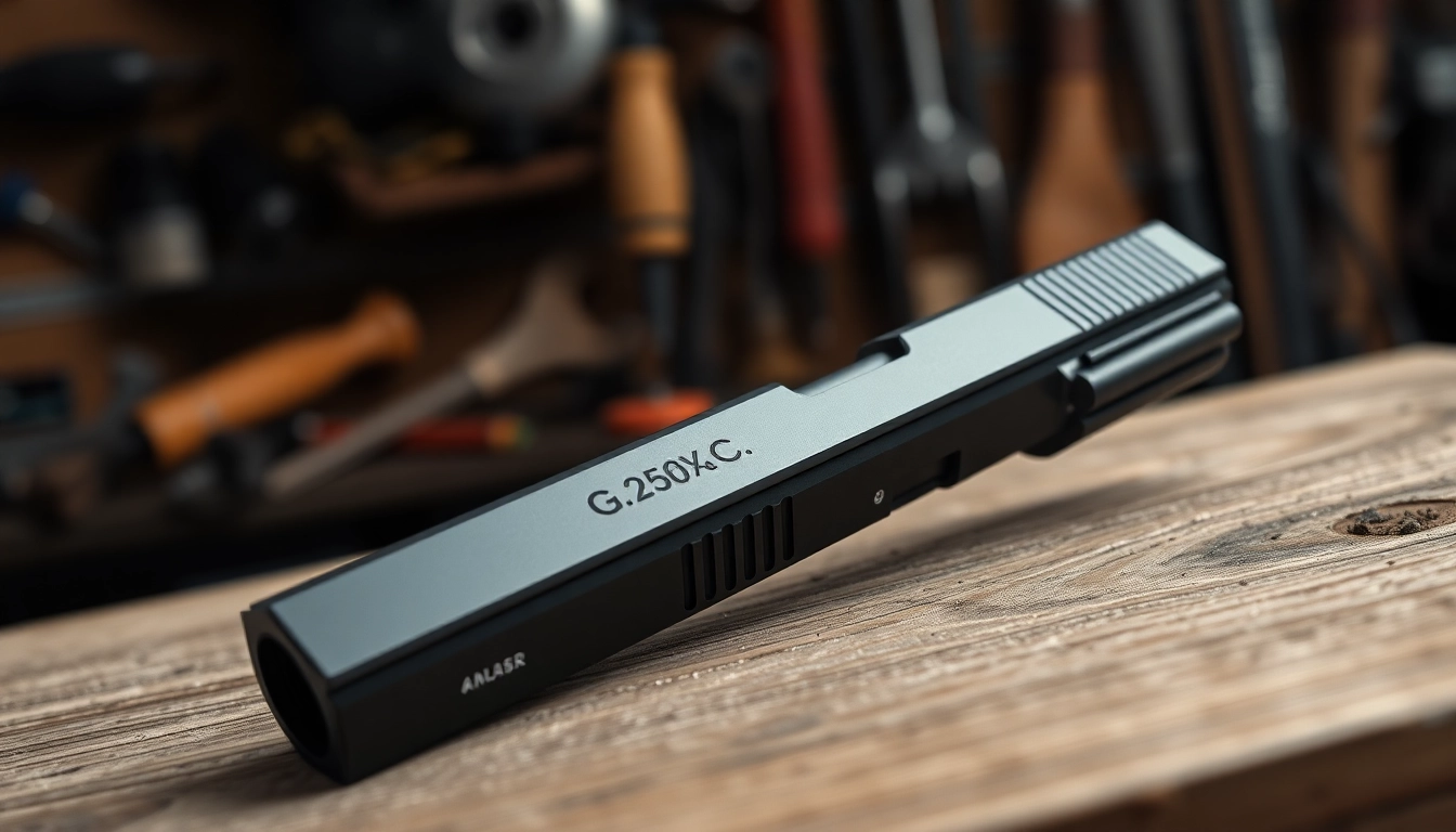 Inspect the glock 43x slide showcasing its polished design and craftsmanship on a wooden surface.
