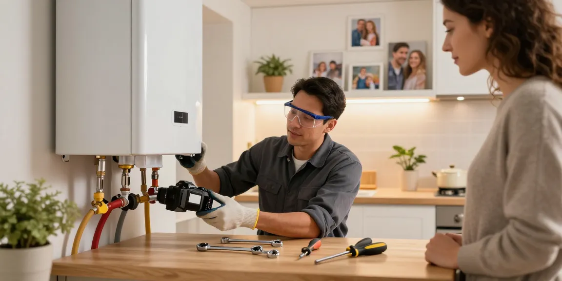 Heating engineer in Bedford installing a boiler with tools in a modern kitchen.
