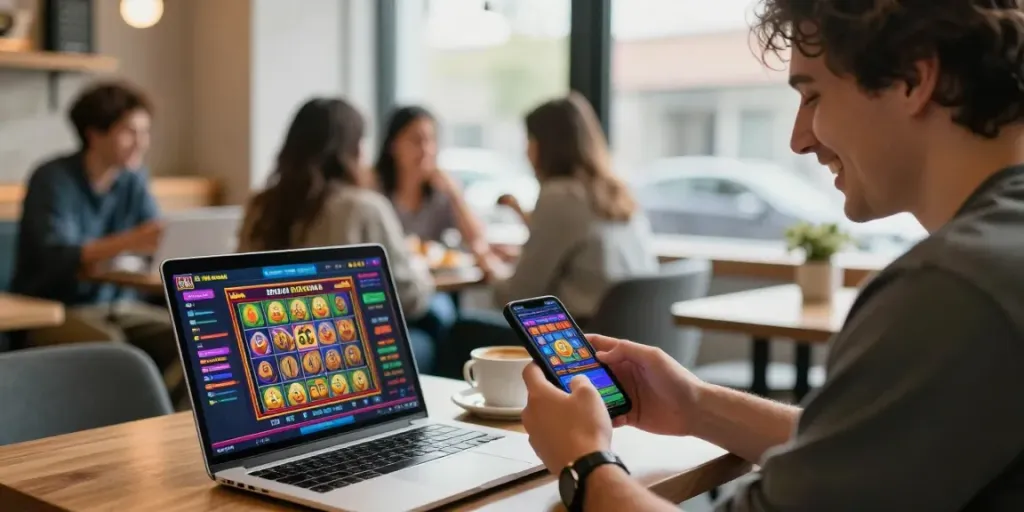 Pengguna menikmati apk slot di kafe modern, menang dengan gaya.