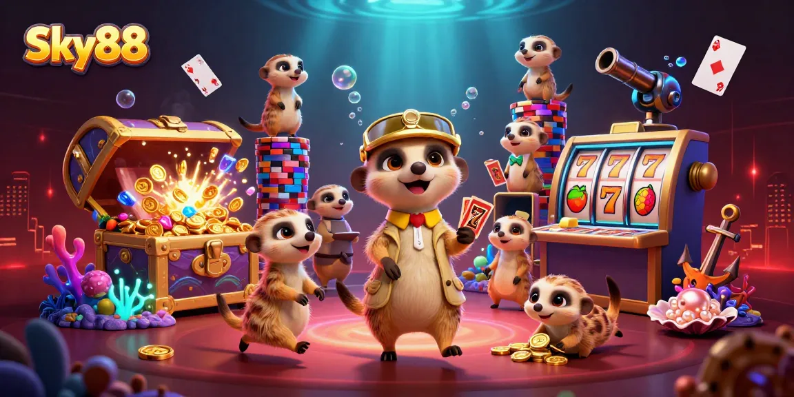 Sky88 meerkats manage an exciting casino with vibrant elements and detailed gaming action.