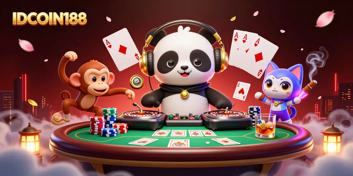 IDCOIN188 engages players in a vibrant 3D casino scene featuring a DJ panda and poker elements.