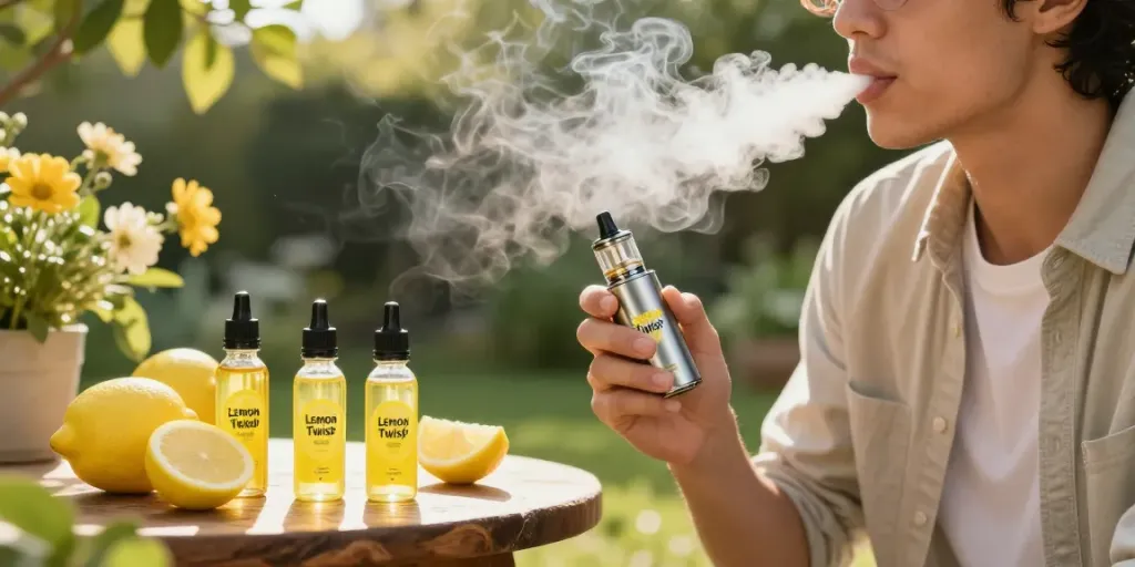 Outdoor vaping scene with a person enjoying lemon twist e liquid in a sunny garden.