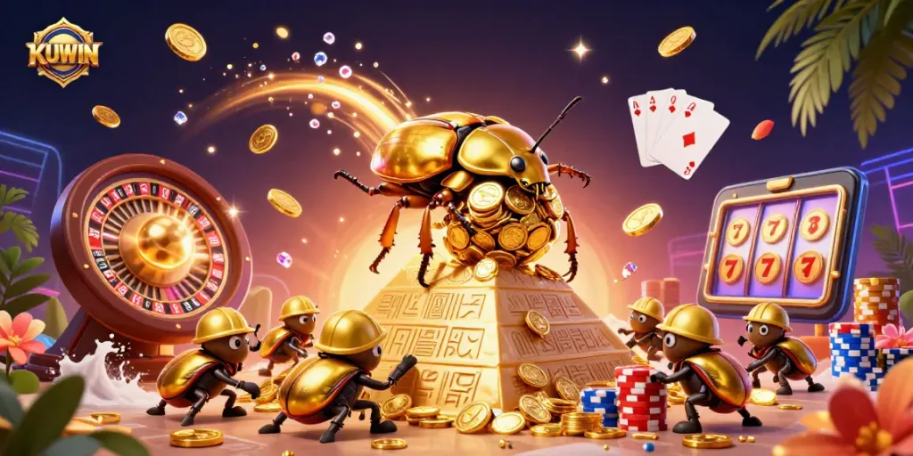 KUWIN offers thrilling gaming experiences at an online casino with golden coins, vibrant cards, and jackpot excitement.