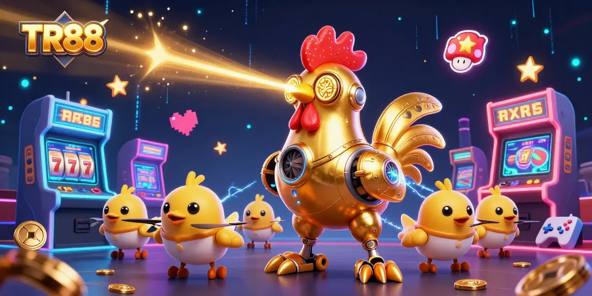 Bet on TR88 and win big with the exciting 3D casino-themed illustration featuring a golden rooster robot.