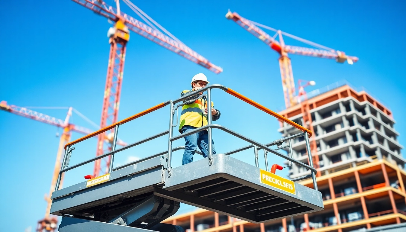 Manlift operator using hydraulic lift safely on a construction site.