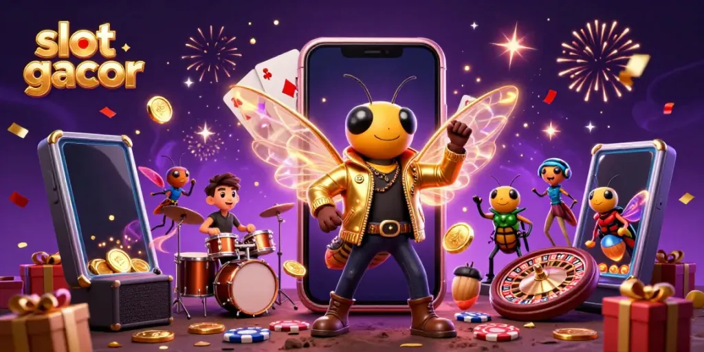 Slot gacor menunjukkan cicada rock star dengan drummer penggerek di kasino virtual, menambah semangat permainan slot.