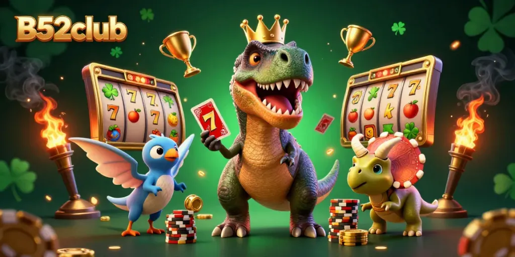 Engaging scene showcasing B52club's T-Rex and friends playing slots and stacking chips.