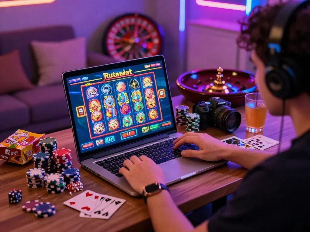 Engaging online gaming scene with rutanslot platform, vibrant casino atmosphere.