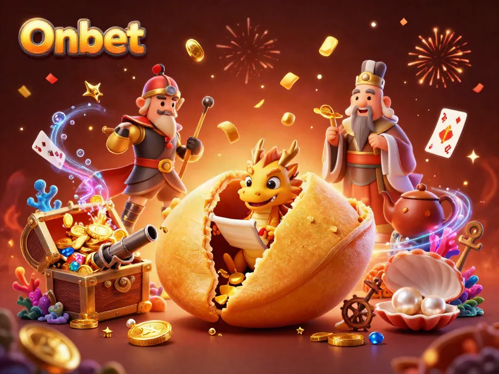 Engage with Onbet's lively casino-themed 3D illustration featuring golden fortune cookies and vibrant gaming elements.