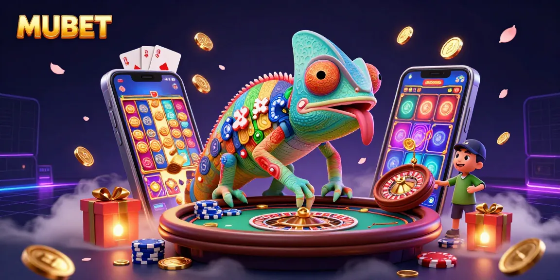MUBET brings excitement as the chameleon casino owner grabs golden coins amid vibrant gaming elements.