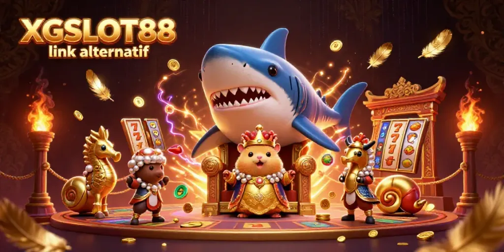 XGSLOT88 link alternatif menggambarkan raja hamster emas di singgasana gigi megaldon dengan elemen slot dan koin emas.
