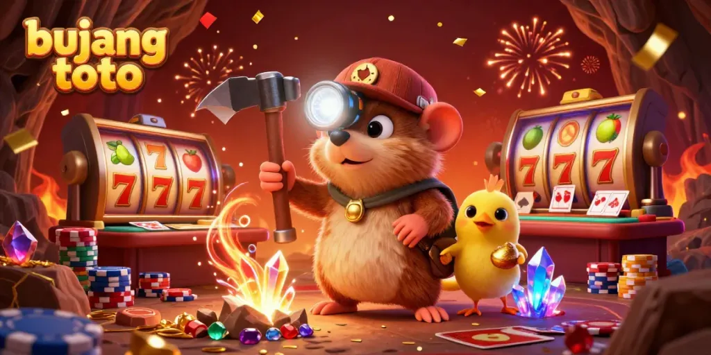 Engage with bujang toto in a vibrant casino scene featuring a treasure hunting mole and dynamic slot reels.